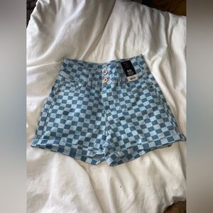 No Boundaries Light Blue Checkerboard High-Waist Jean Shorts